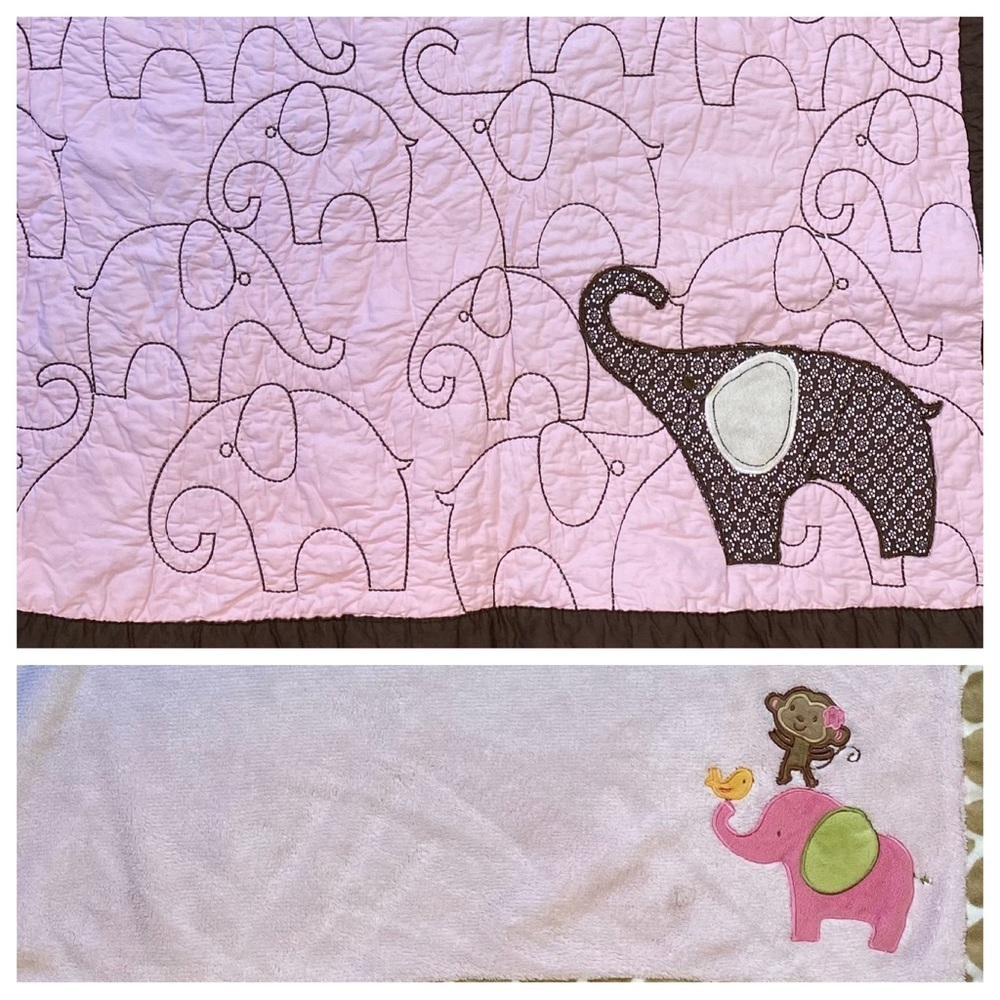 2pc set Carters Kids Baby Crib Quilt Embroidered Pink Elephants & Fleece Blanket